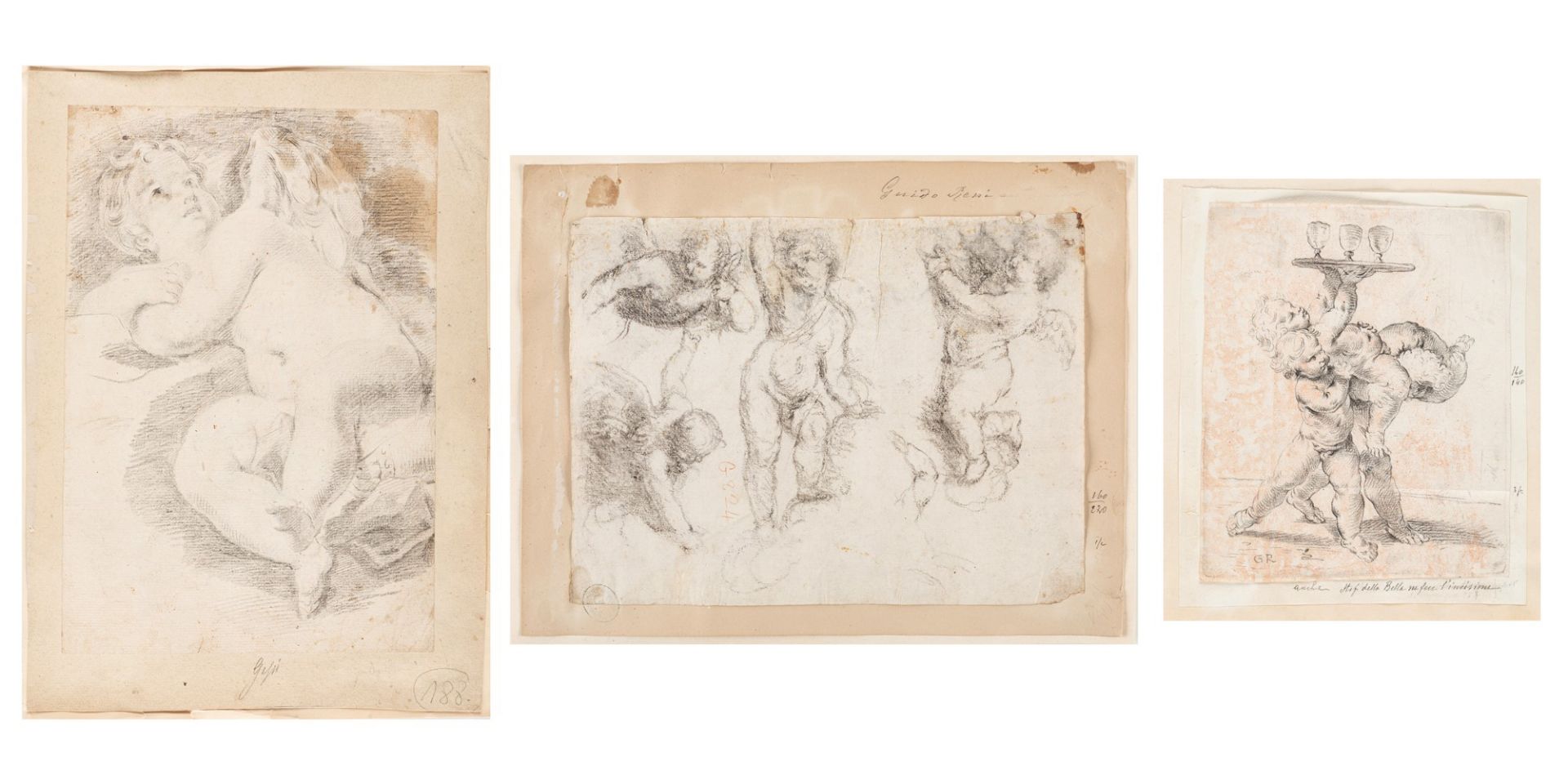 Lot consisting of three black chalk drawings of Emilian school, 17th - 18th centuries