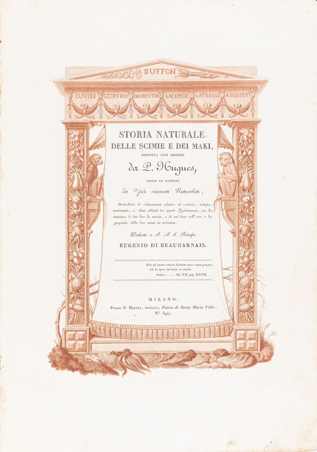 Jacob, Nicolas Henri - Hugues, Pietro - Natural history of monkeys and maki [...] behind the discove