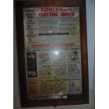 Vintage electric shock information poster in wooden frame