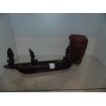 Trible hardwood boat group and wooden basket