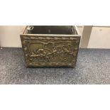 large Brass fire side coal box depicting a medieval pub scene