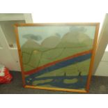 large textile art work of a country scene in frame
