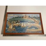 Framed tapestry of boats at a bay