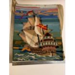 Tapestry of a Galleon ship signed Pinelope - London