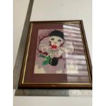 Framed knitted Pierrot clown with rose