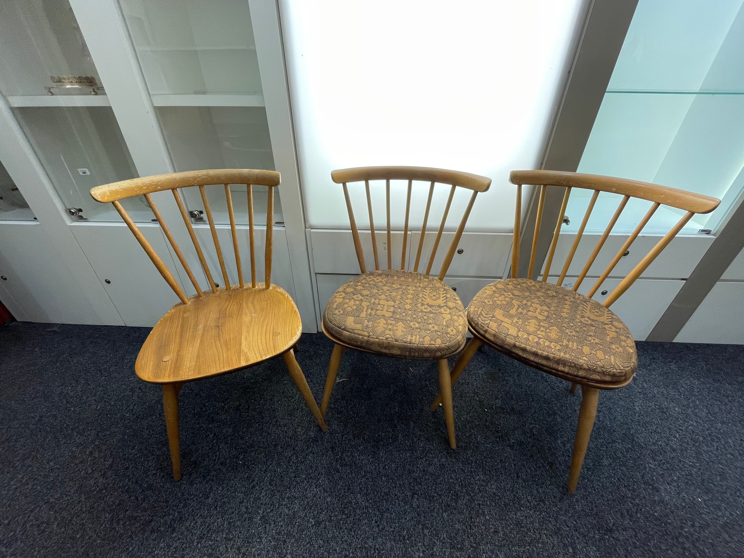 3 Ercol mid century stick back chairs with original stickers - Image 4 of 4