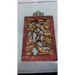 Chinese carved wooden panel , Birds and foliage , Gold and red paint red frame with metal mount