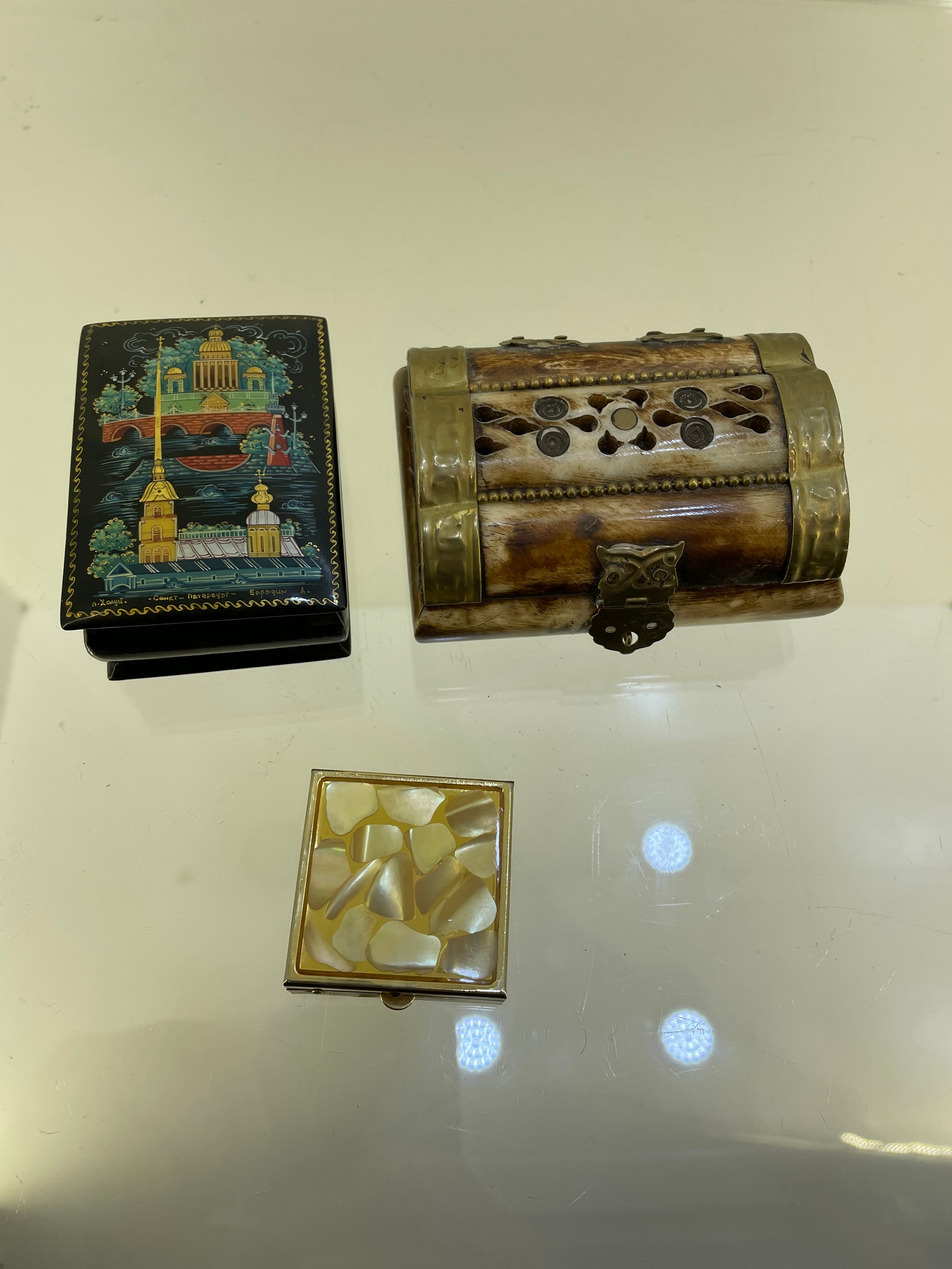 3 small Boxes 1 Made from shell/bone with brass clasp, Small pill box and Wooden with hand painted