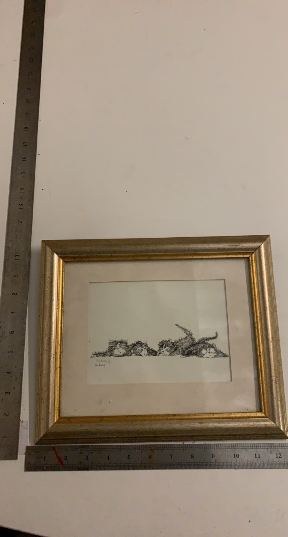 Signed pen drawing of four cats by Mary