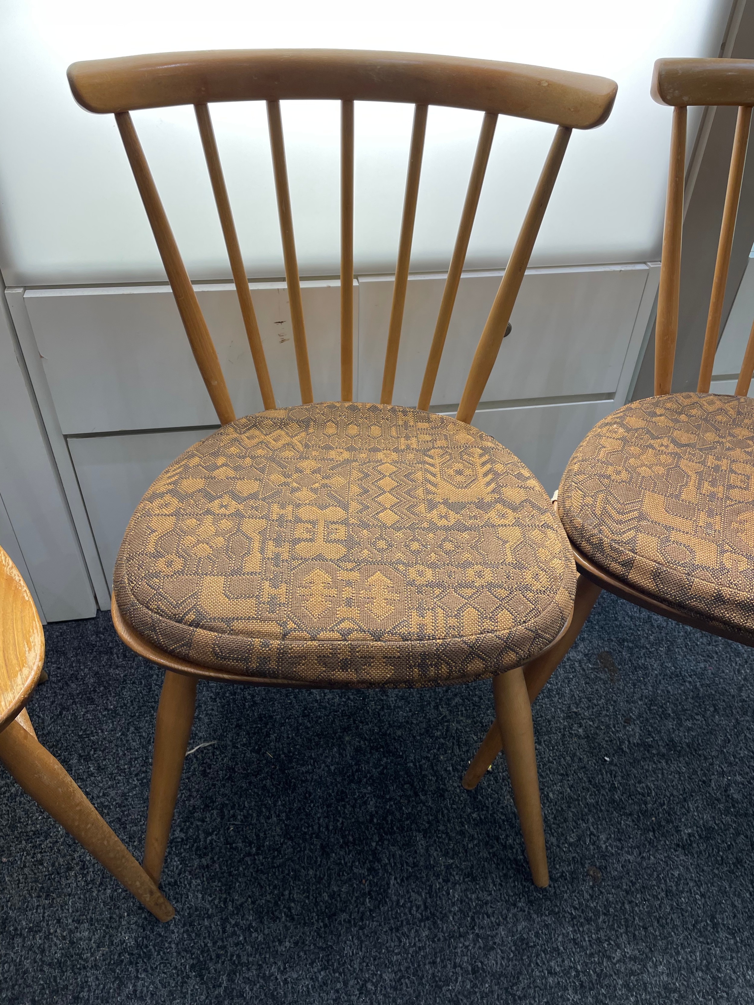 3 Ercol mid century stick back chairs with original stickers