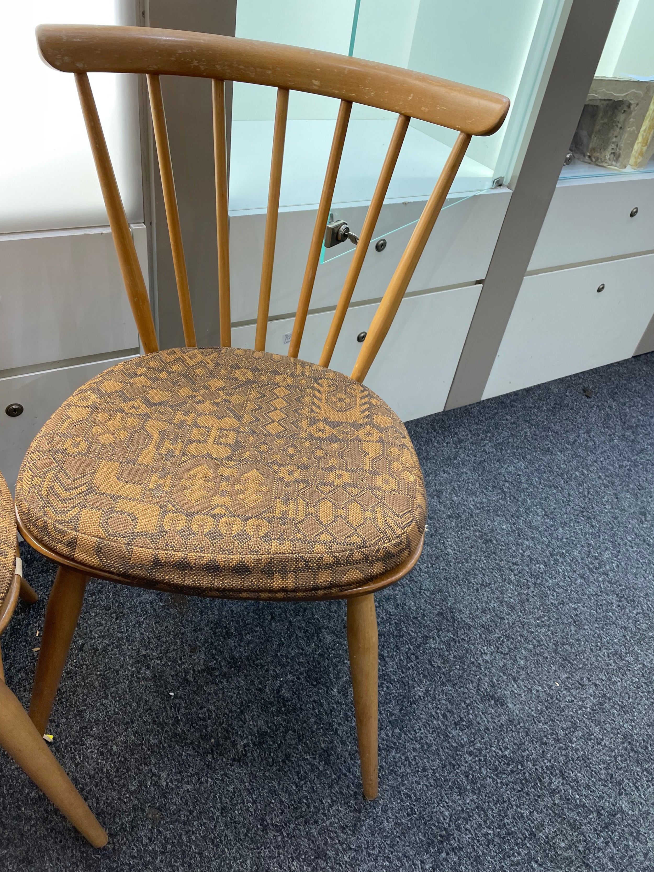 3 Ercol mid century stick back chairs with original stickers - Image 2 of 4
