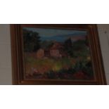 Oil Painting in gilded frame depicting cottage and woodland sene