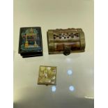 3 small Boxes 1 Made from shell/bone with brass clasp, Small pill box and Wooden with hand painted