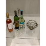 #fruit dish wine holder and 3 bottels of wine