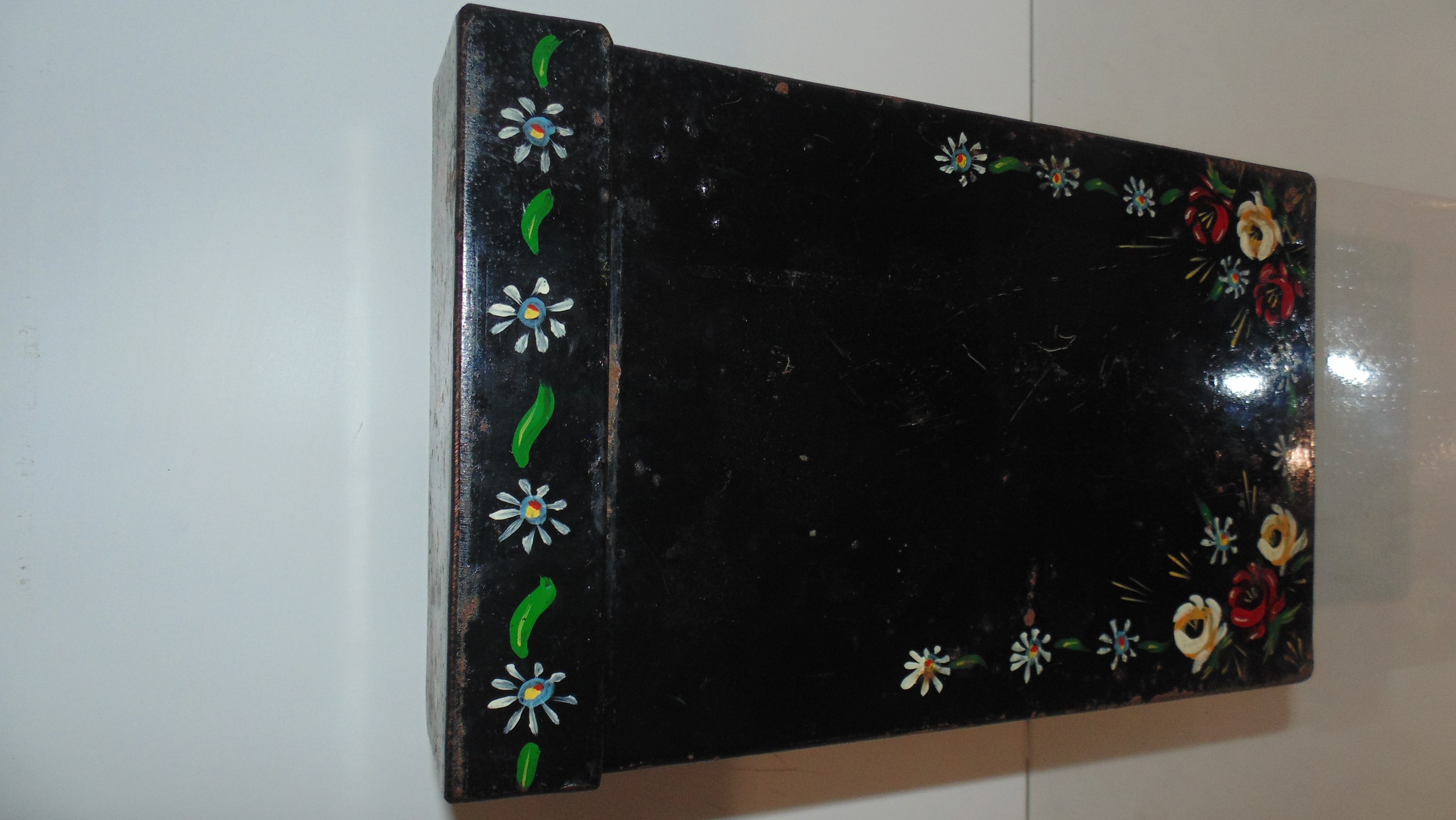 Victorian wall safe box which has been hand painted with flowers