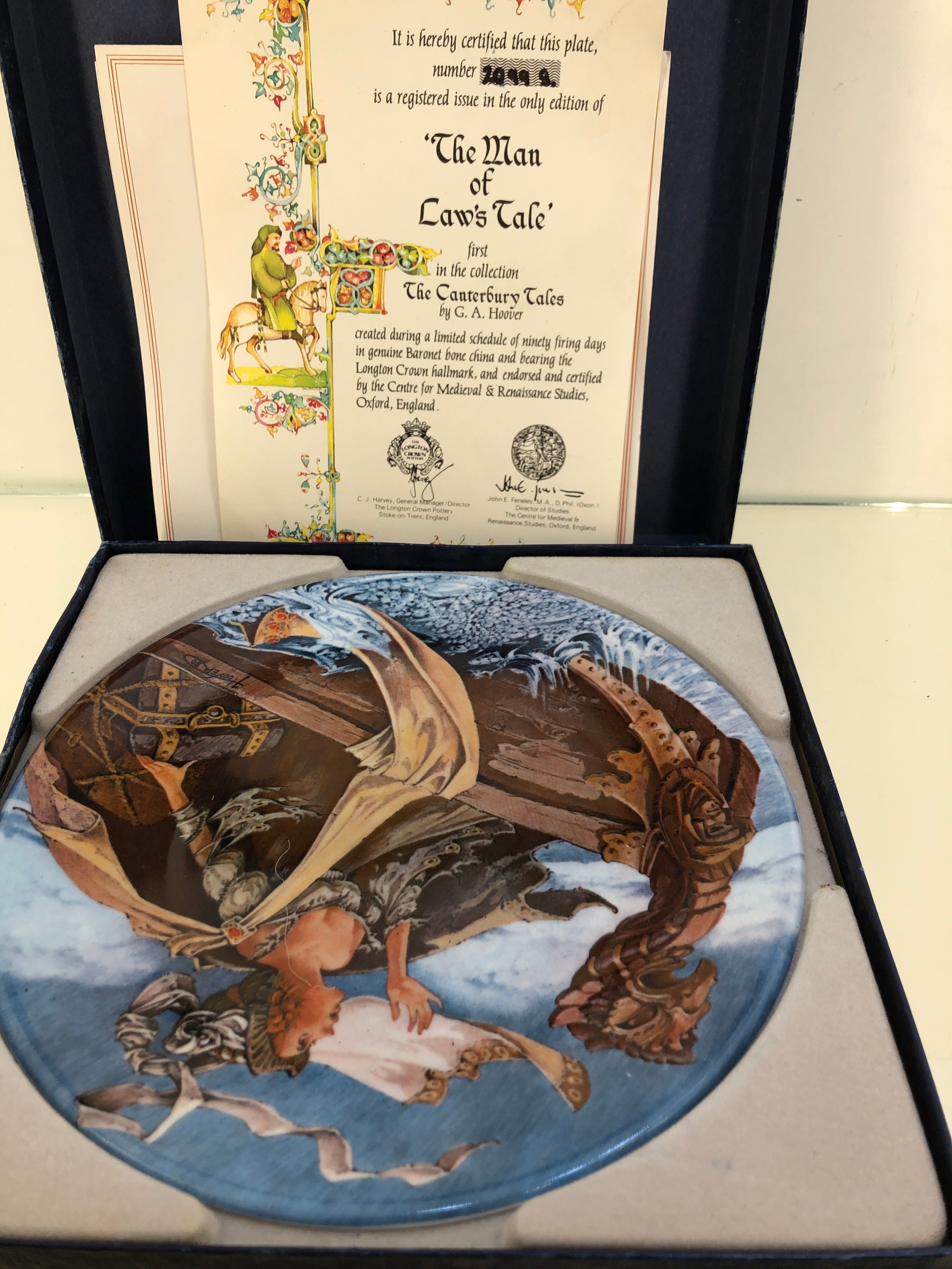 G.A HOOVER FINE CHINA PLATE WITH MEDIEVAL SCENE OF LADY ON THE SEA IN A BOAT. MINT IN BOX WITH