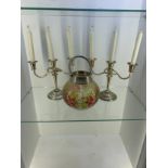 2 silver plated candle arbours and hand painted glass water carrier