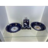 Antique 2 blue serving bowls and a cheese dish