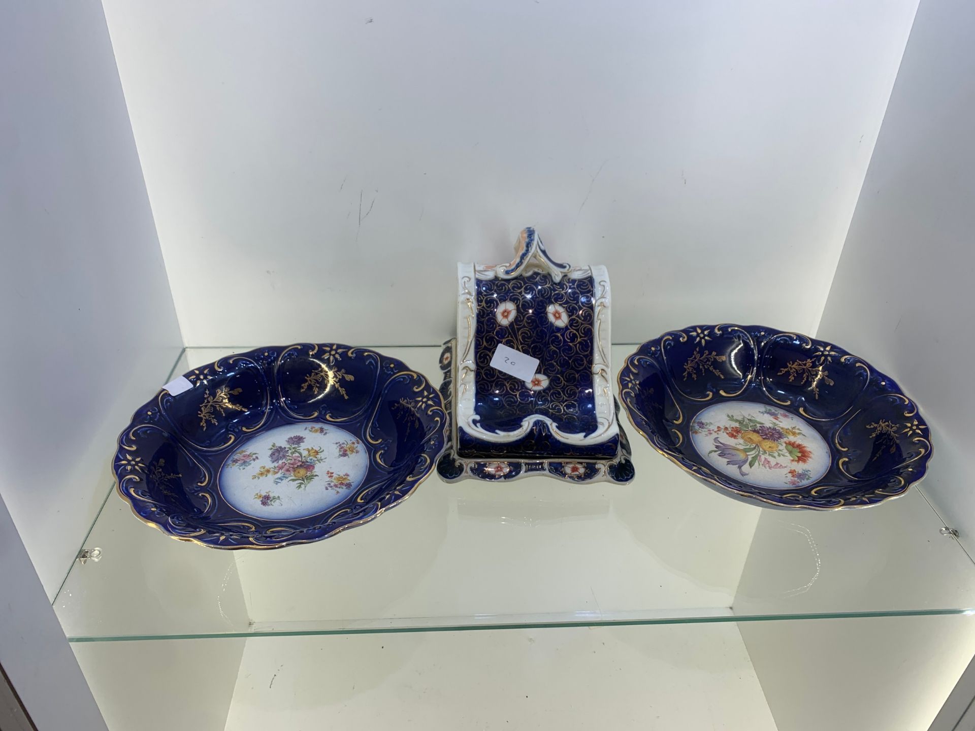 Antique 2 blue serving bowls and a cheese dish