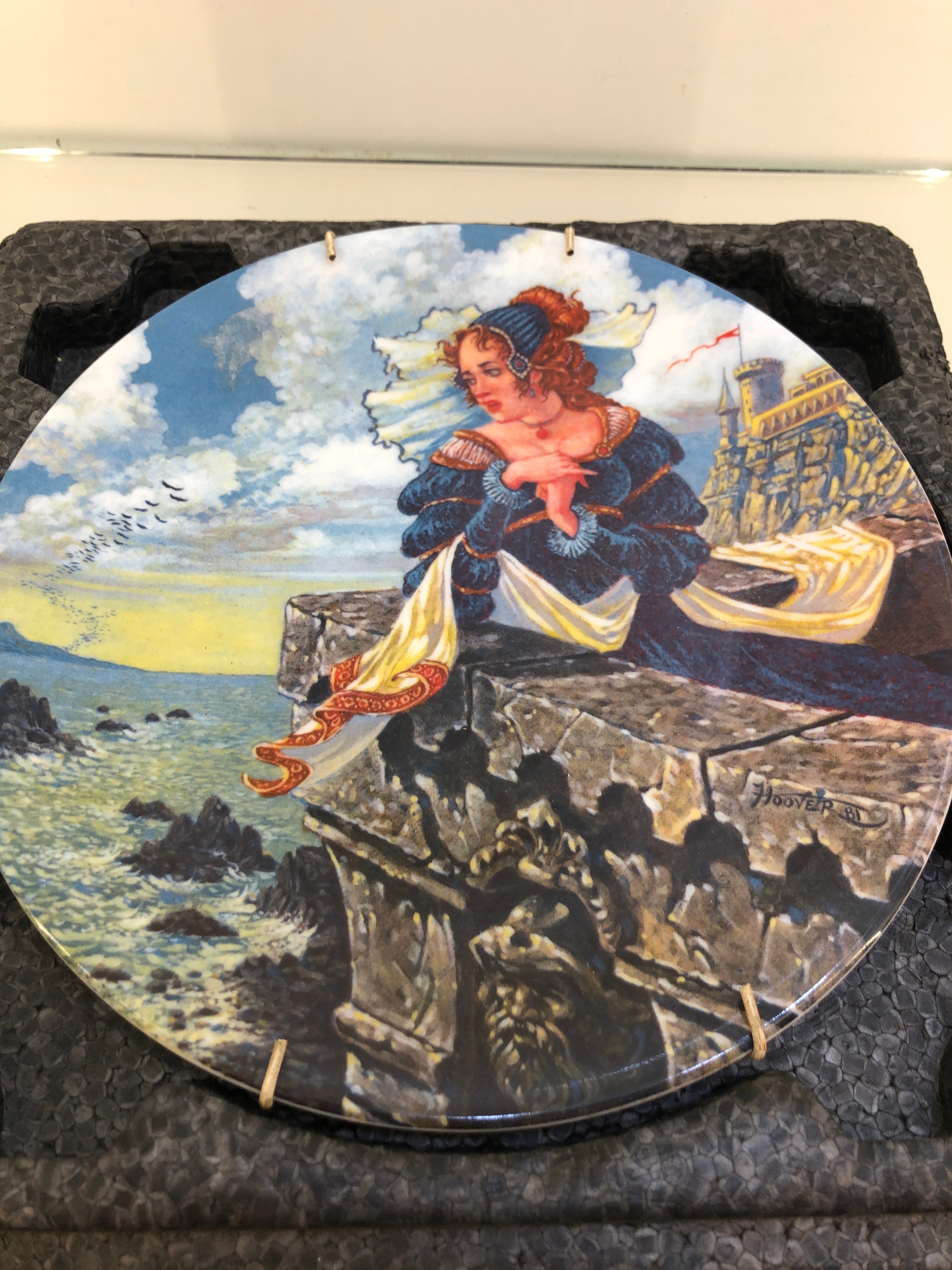 G.A HOOVER MEDIEVAL SCENE OF WOMAN ATOP A CASTLE FINE CHINA PLATE.