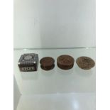3 wooden trinket boxes and carved stone box