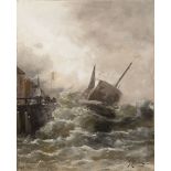 Georg Fischhof (1859 Vienna 1914), Fishing Boat in a Stormy Sea in front of the Harbour