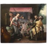 Brunswick Monogrammist, circa 1540, Kitchen Scene with Working Women and Drunken Men