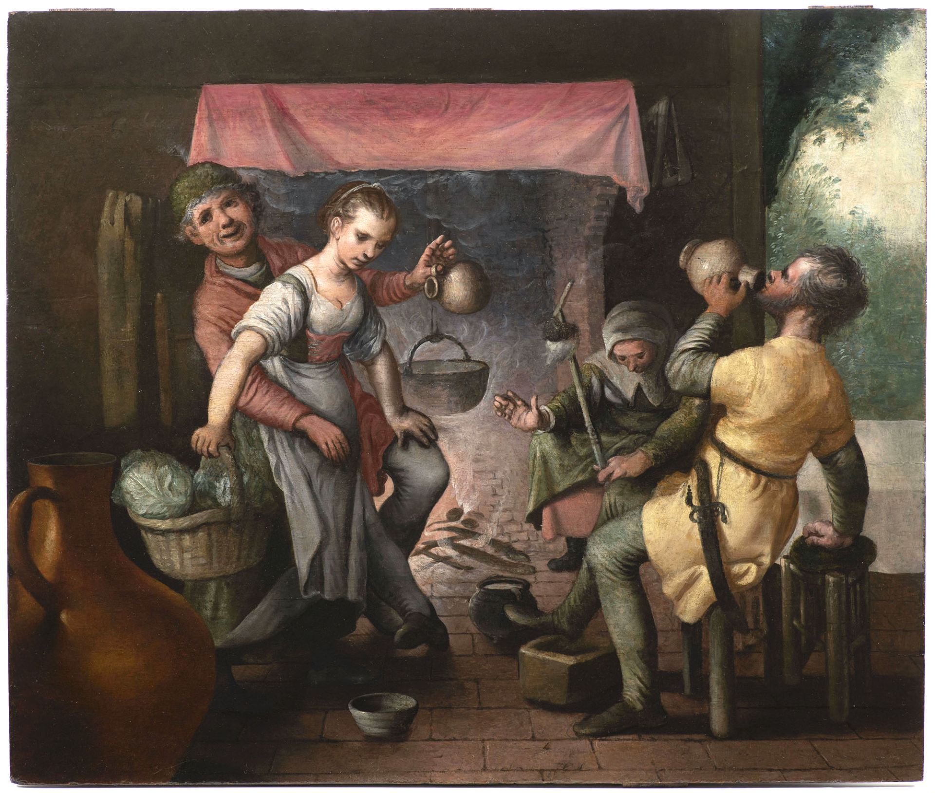 Brunswick Monogrammist, circa 1540, Kitchen Scene with Working Women and Drunken Men