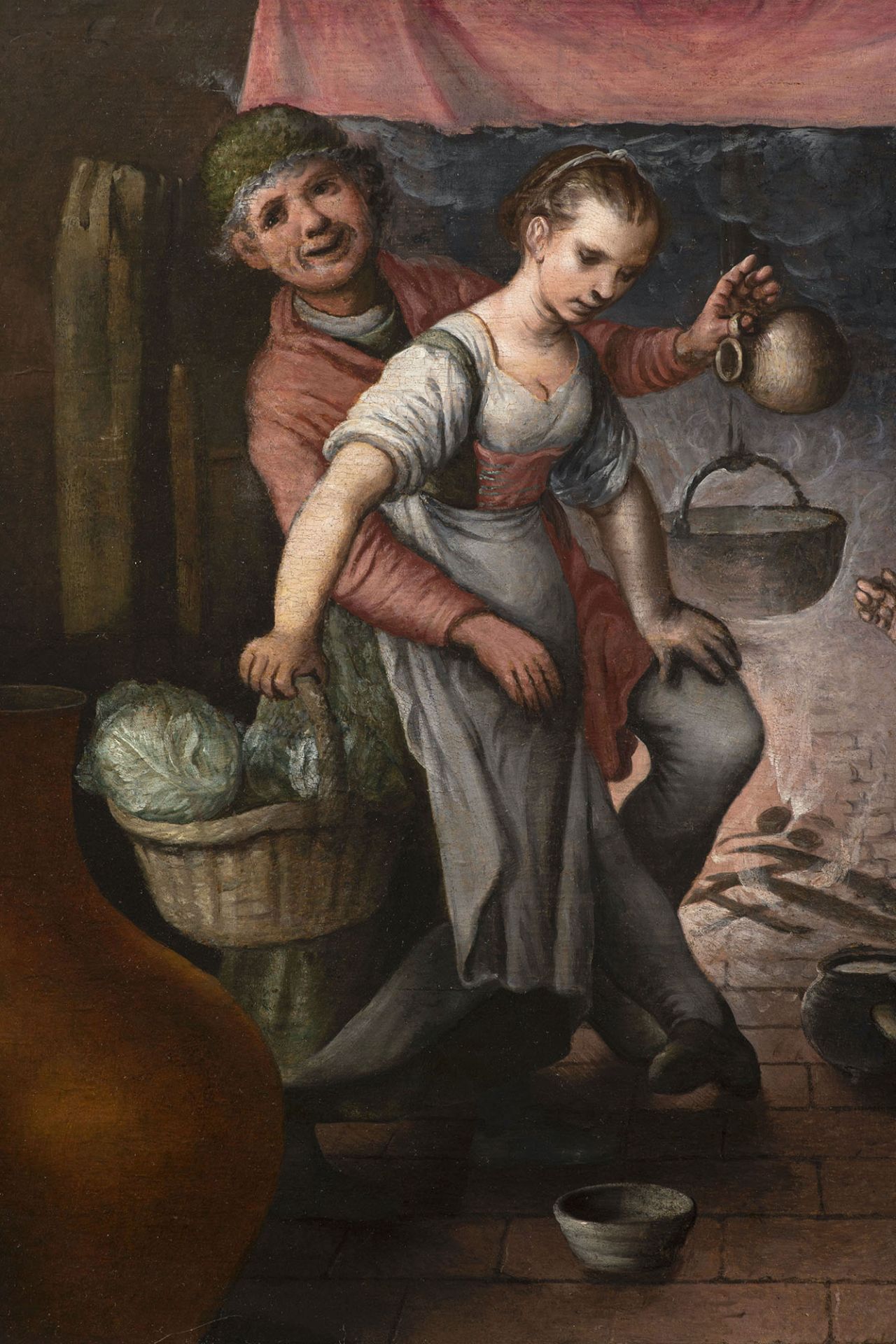 Brunswick Monogrammist, circa 1540, Kitchen Scene with Working Women and Drunken Men - Bild 3 aus 4