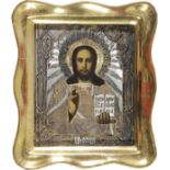 Kleine Ikone Christus Pantokrator mit Silberoklad und Kiot