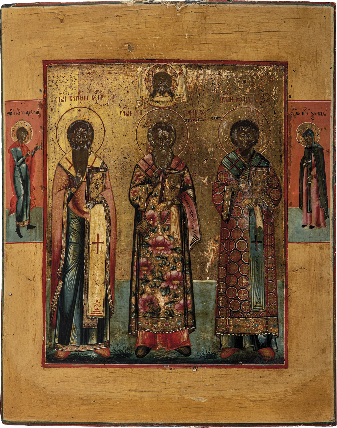 Large icon with the three Holy Fathers of the Eastern Church