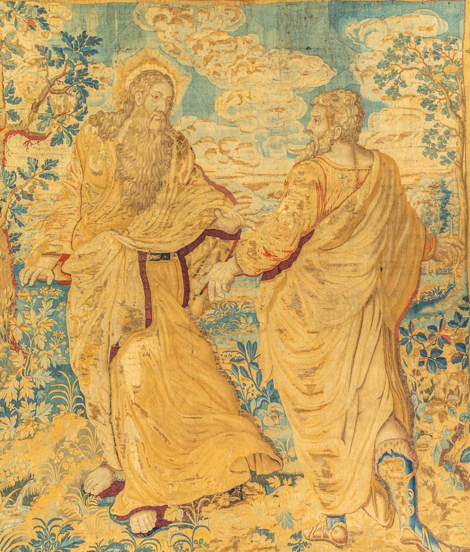 A biblical fragment of a tapestry, with 2 figurines. Made in Flanders. (H:295cm) - Image 4 of 10