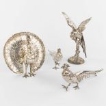 A collection of birds made of silver and marked A830/A835. A peacock, 2 pheasants and an ara. (H:29,