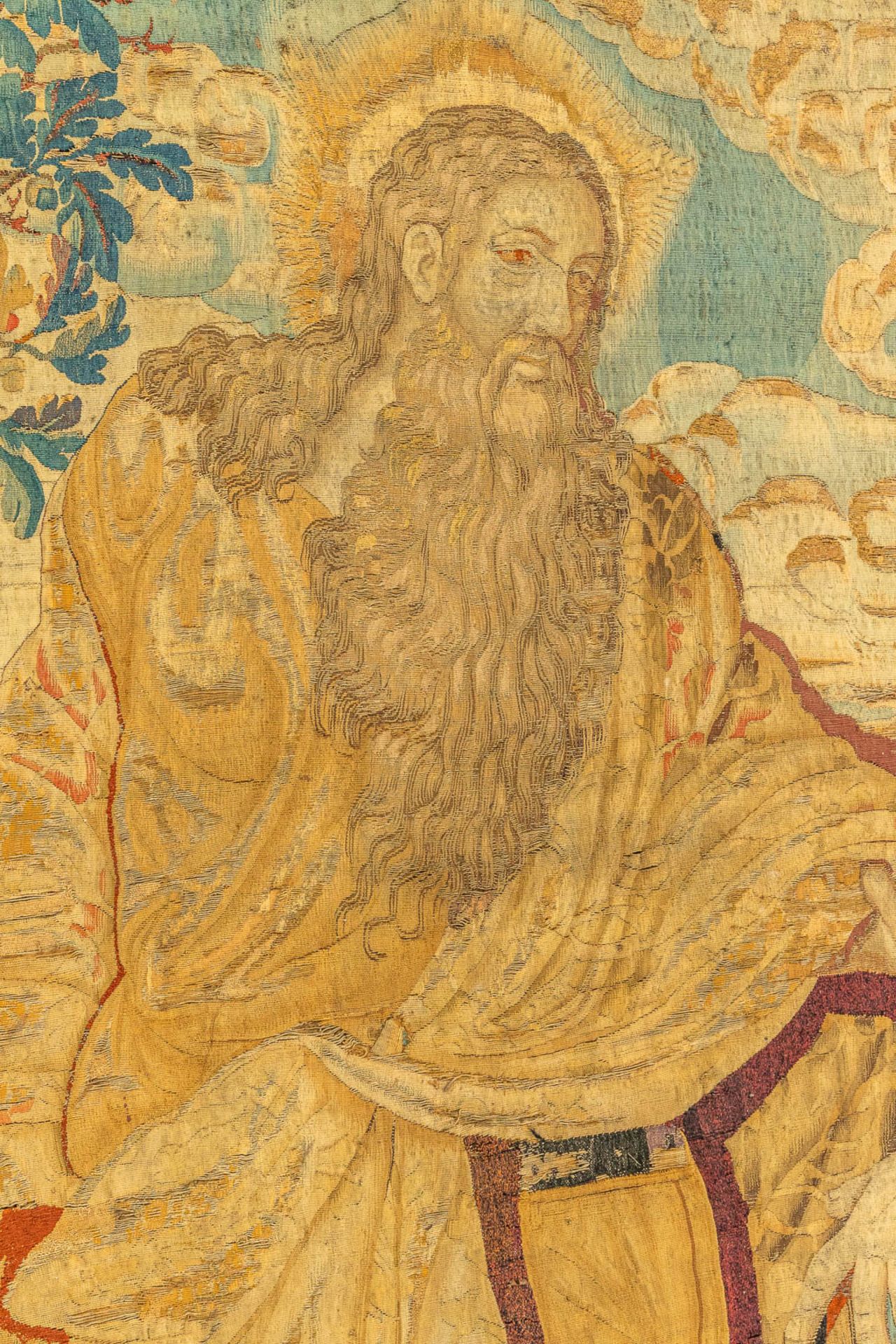 A biblical fragment of a tapestry, with 2 figurines. Made in Flanders. (H:295cm) - Image 7 of 10