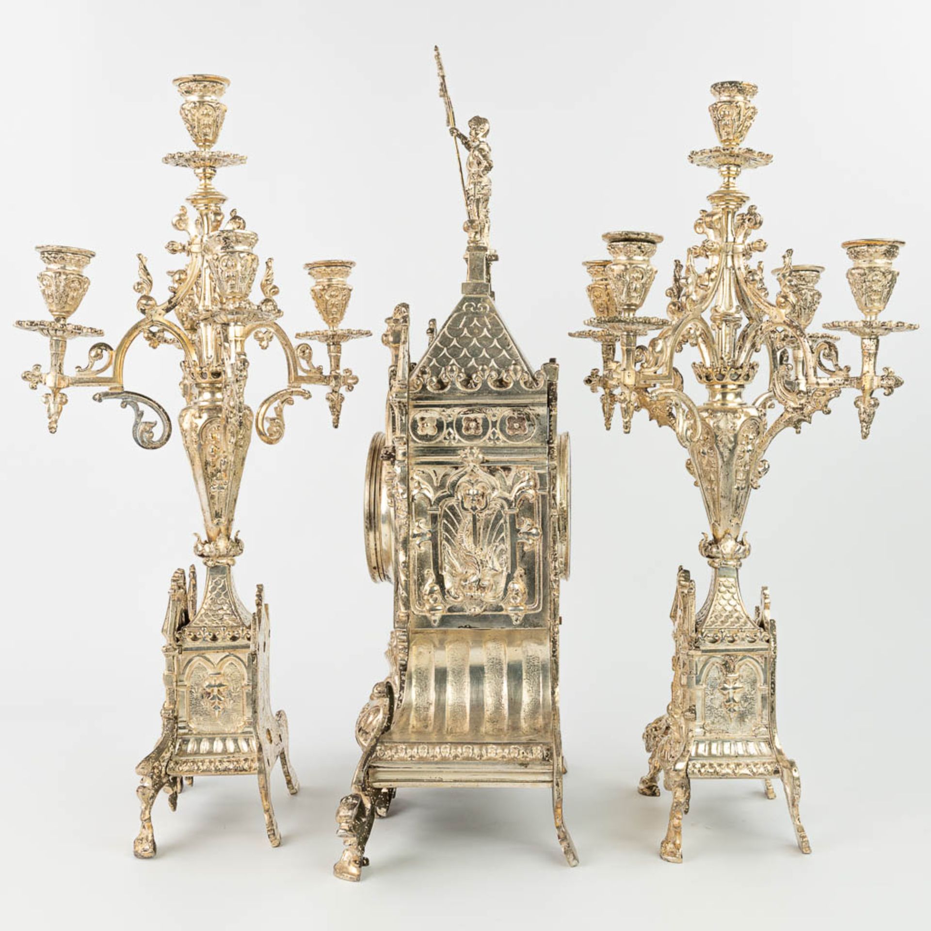 A three-piece garniture clock with candelabra, made of silver-plated bronze in gothic revival style. - Image 16 of 18