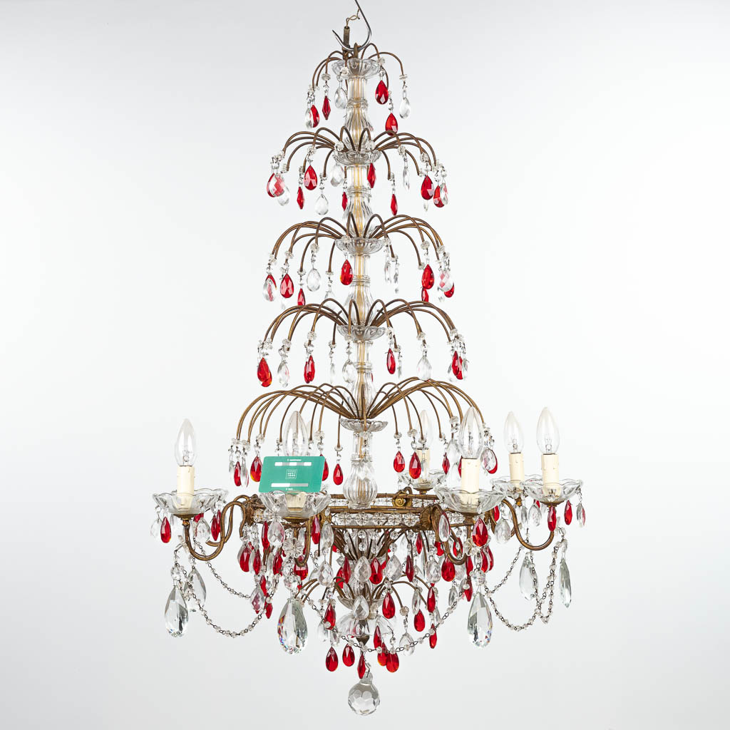 A decorative chandelier made of brass and decorated with white and red glass. (H:95cm) - Image 3 of 11