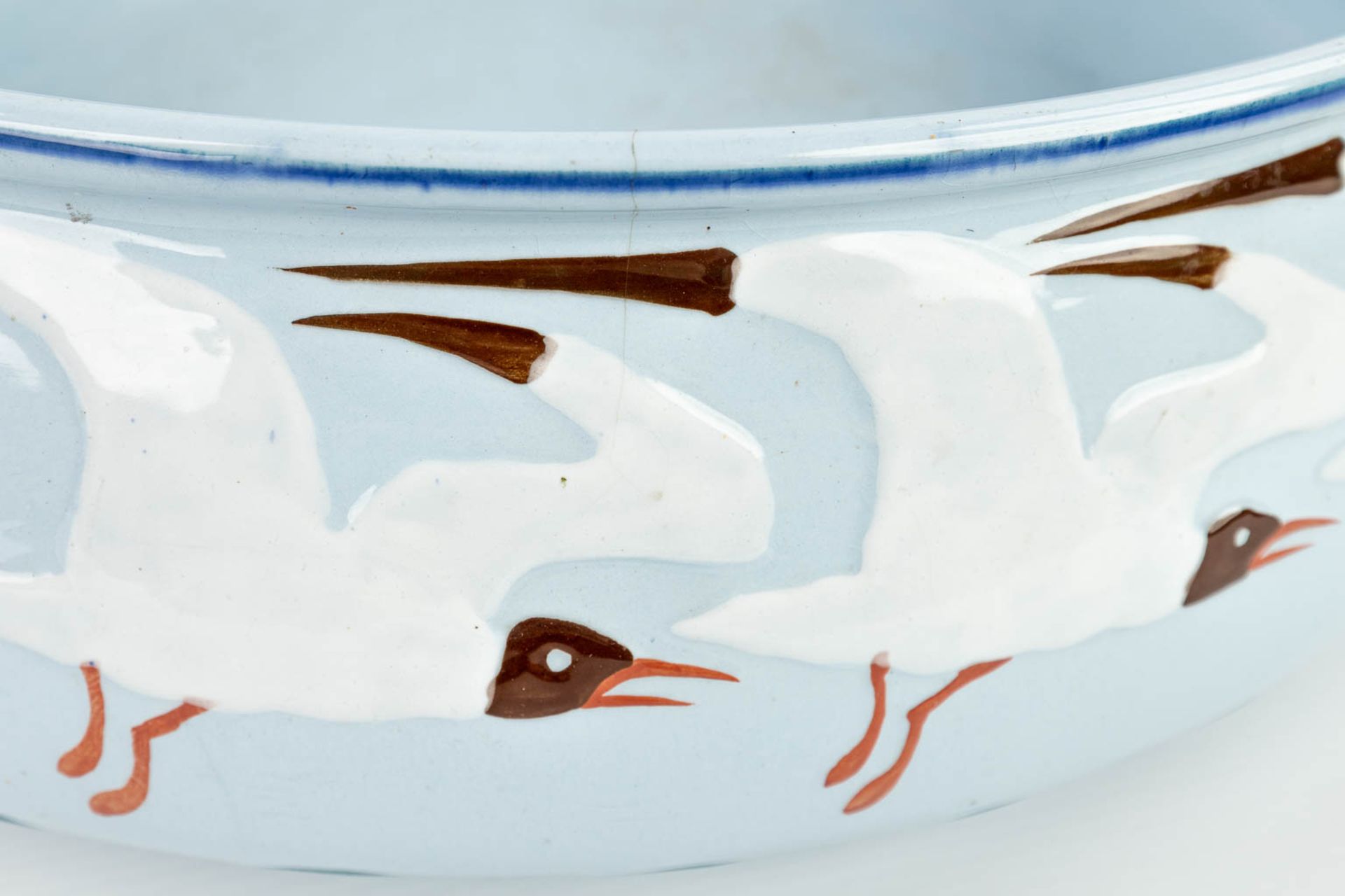 A jug and bowl made in art nouveau style with blue glaze and decorated with seagulls. Marked Sarregu - Image 10 of 20