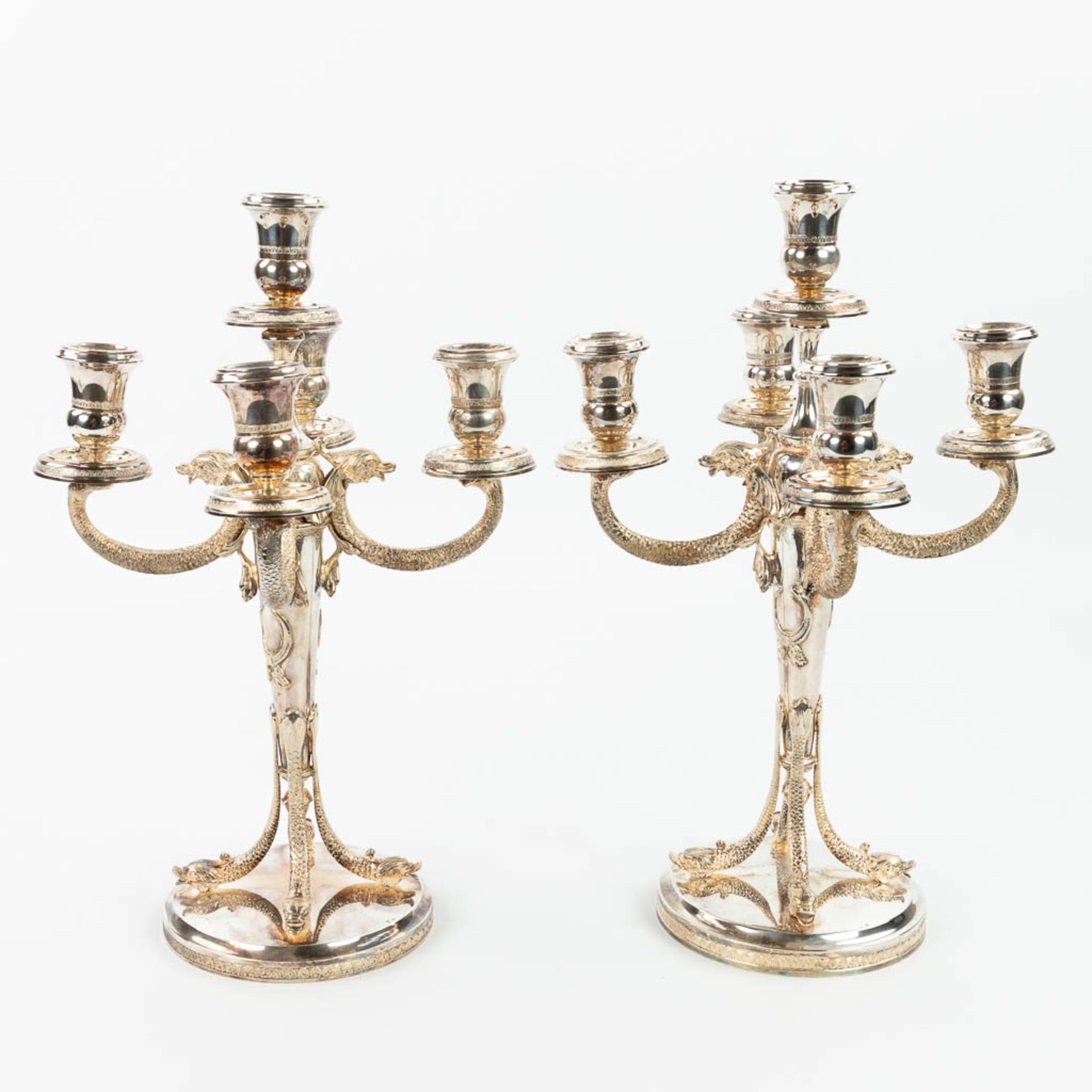 A pair of silver candelabra, decorated with mythological figurines. (H:41cm) - Image 2 of 13