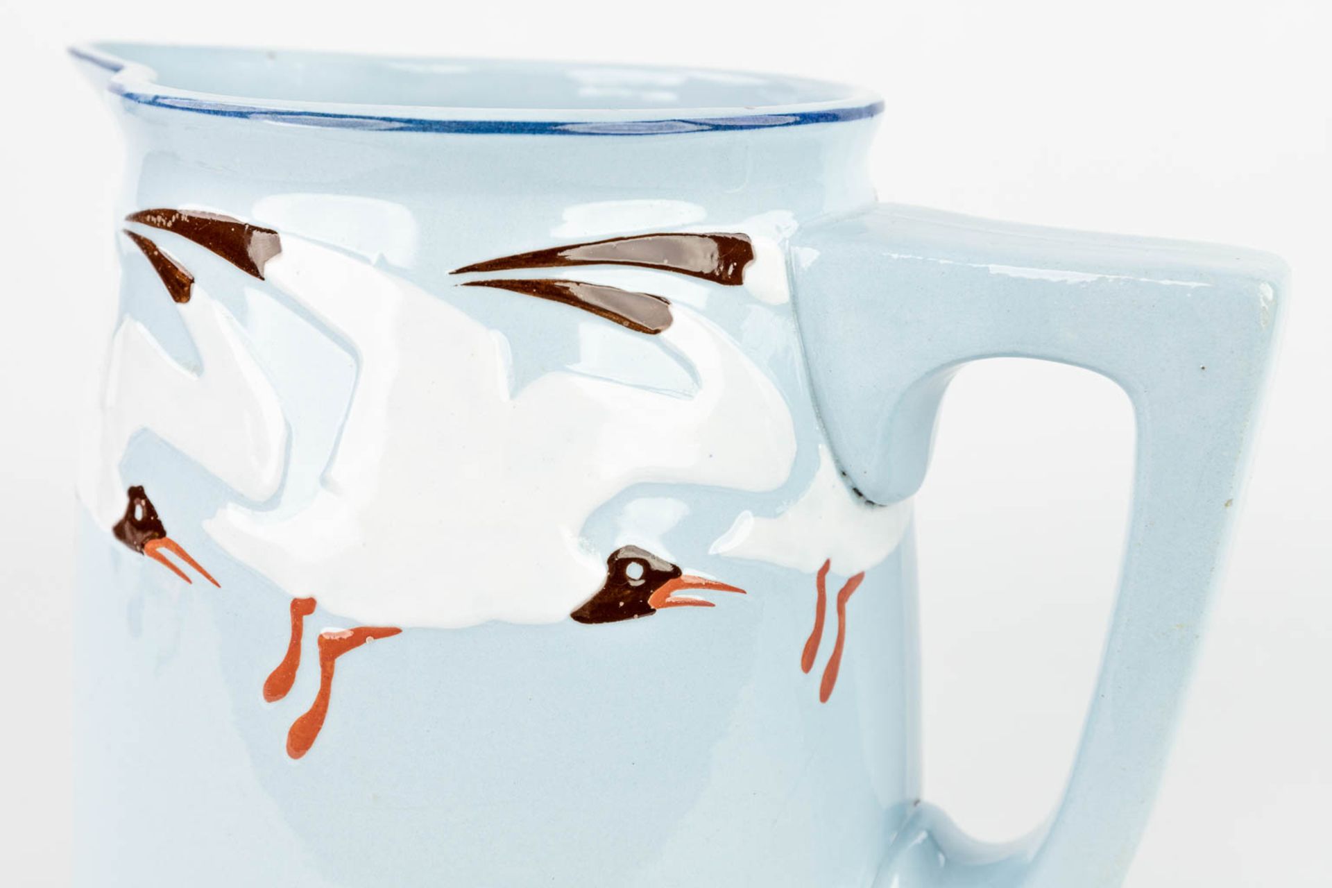 A jug and bowl made in art nouveau style with blue glaze and decorated with seagulls. Marked Sarregu - Image 6 of 20