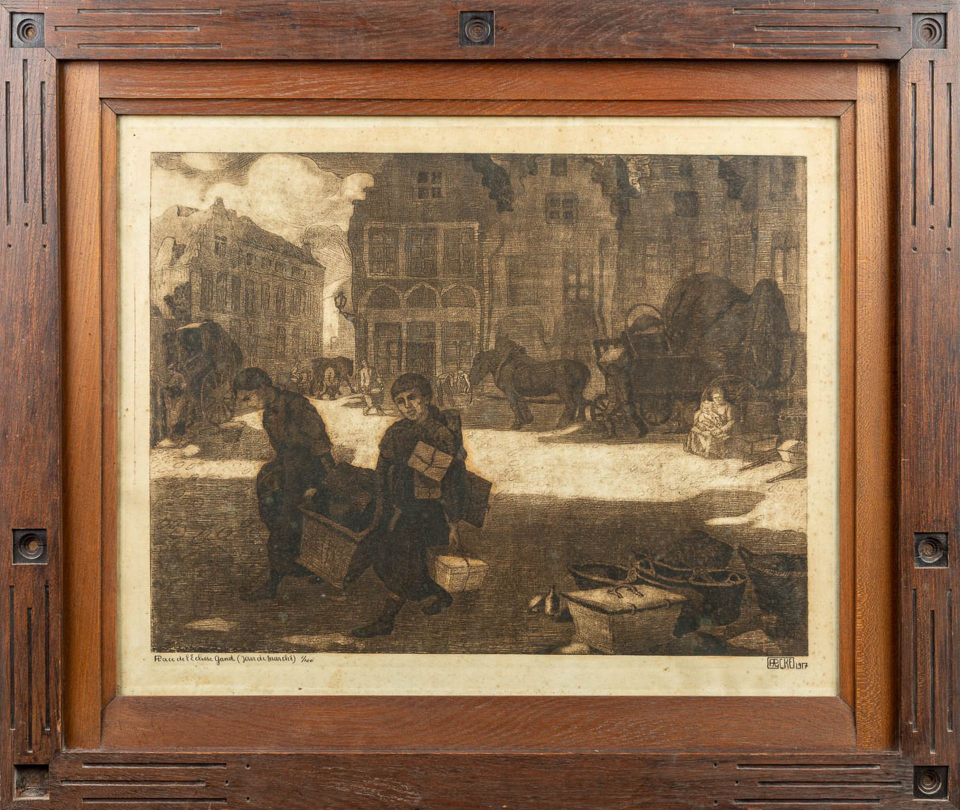 Francois PYCKE (1890-1960) 'Place de L'Ecluse à Gand, Jour de marché', an etching. (70 x 57 cm) - Image 4 of 8