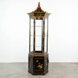A black lacquered Chinese style hexagonal Pagoda display cabinet finished with painted decor. (H:220