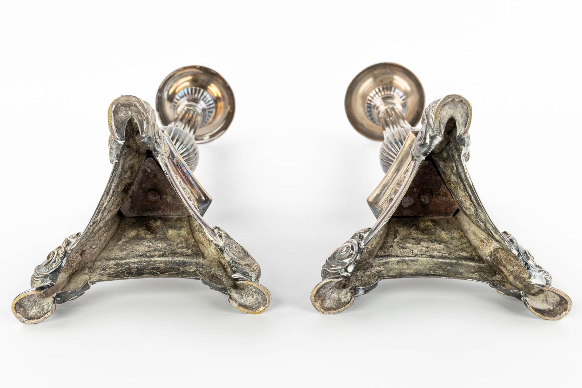 A pair of silver-plated candlesticks decorated with images of holy figurines. (H:59cm) - Image 4 of 11