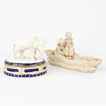 A collection of 2 pieces of Royal Dux porcelain: 'Boys in a boat - Bonbonire with an elephant'. (H: