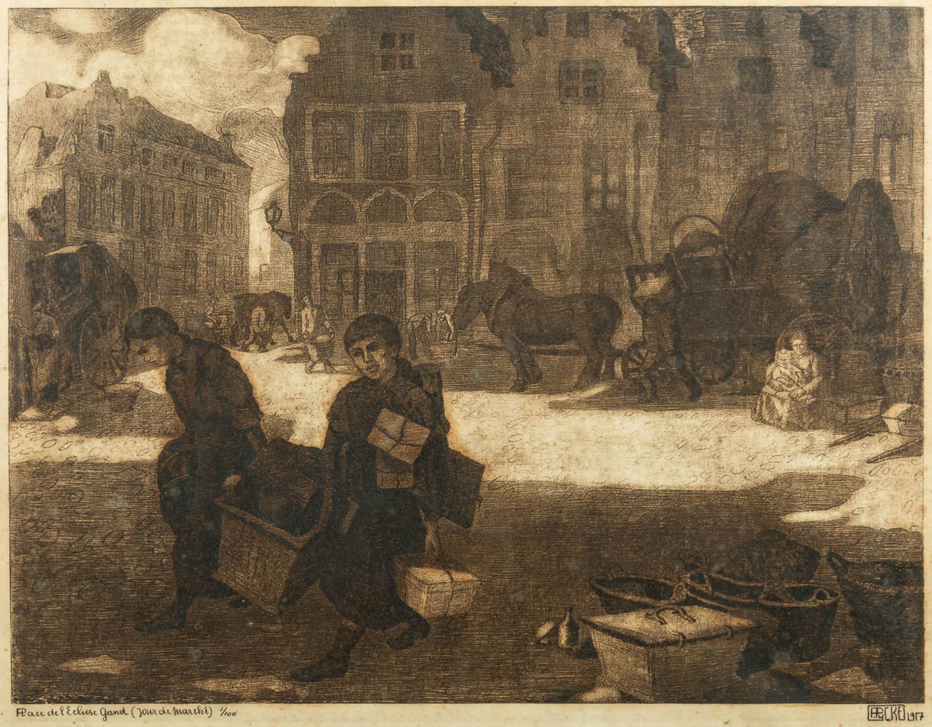 Francois PYCKE (1890-1960) 'Place de L'Ecluse à Gand, Jour de marché', an etching. (70 x 57 cm)