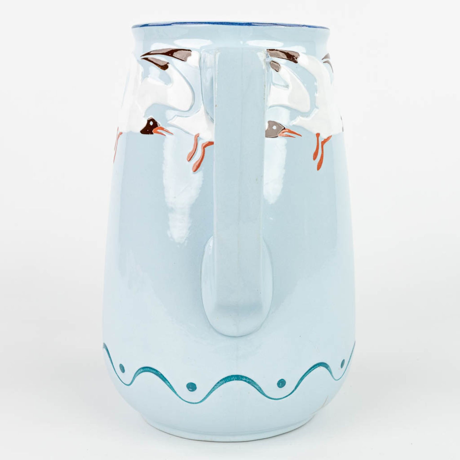 A jug and bowl made in art nouveau style with blue glaze and decorated with seagulls. Marked Sarregu - Image 7 of 20