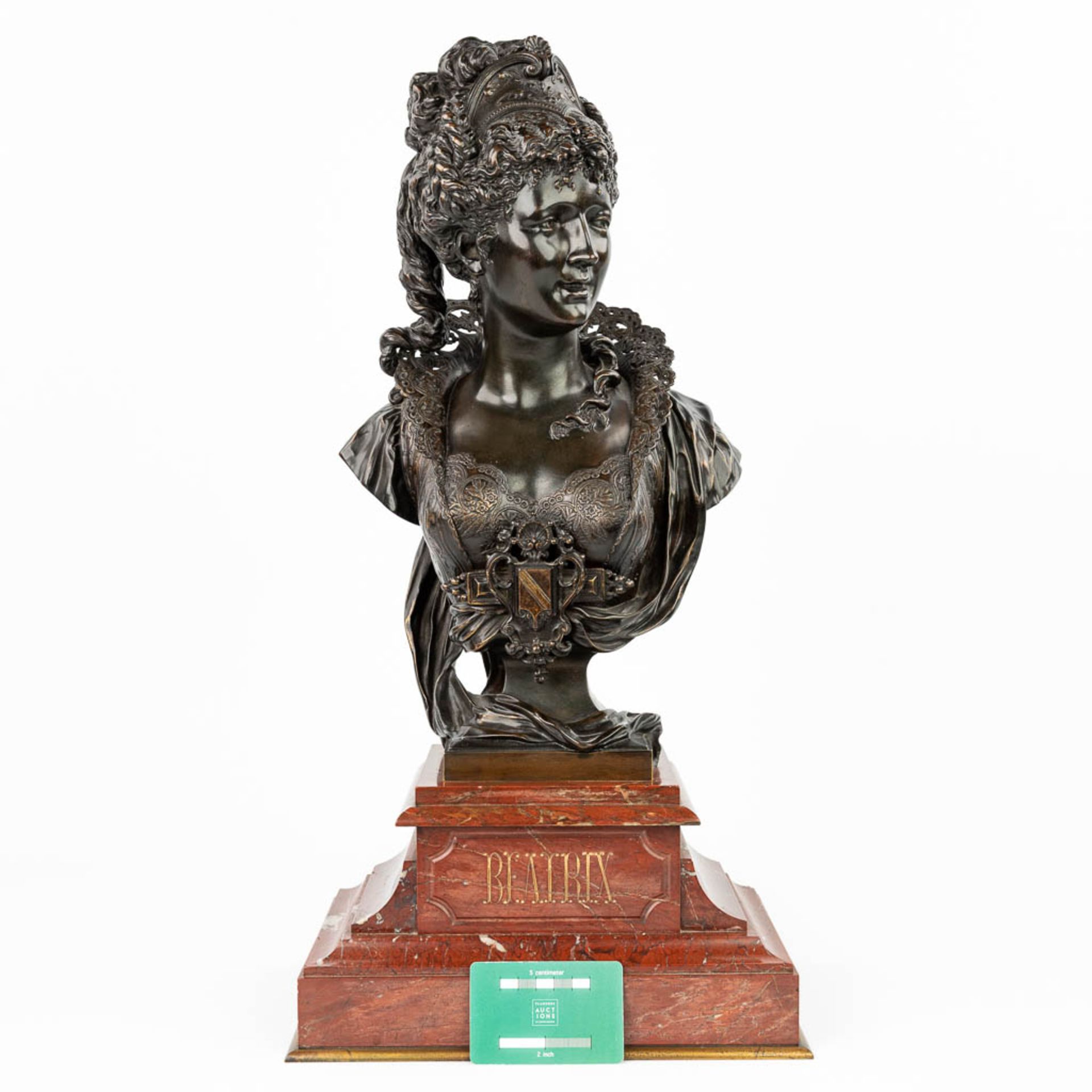 Paul DUBOIS (1829-1905) 'Beatrix' a bronze bust, mounted on a red marble base. (H:59cm) - Image 8 of 11