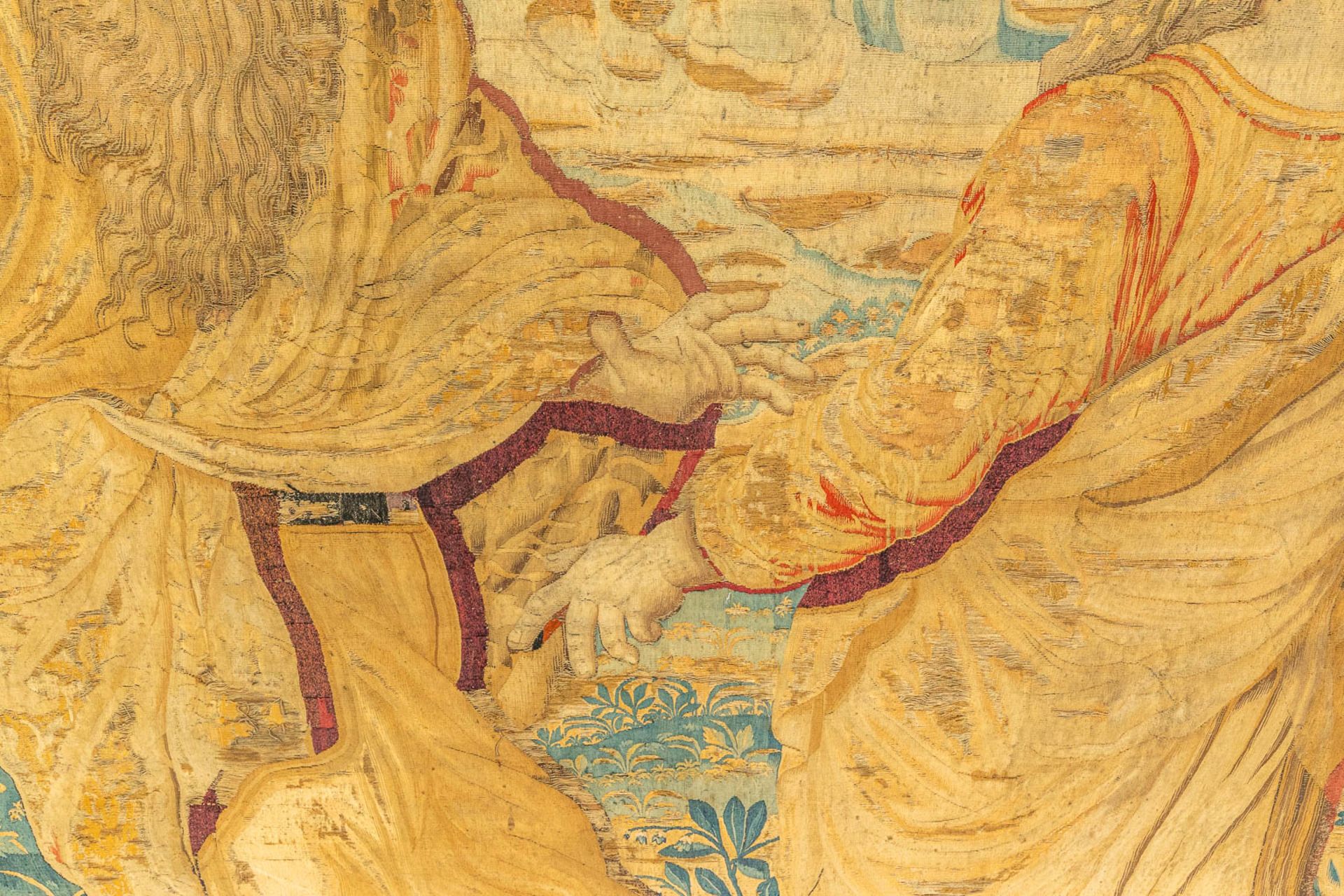 A biblical fragment of a tapestry, with 2 figurines. Made in Flanders. (H:295cm) - Image 8 of 10