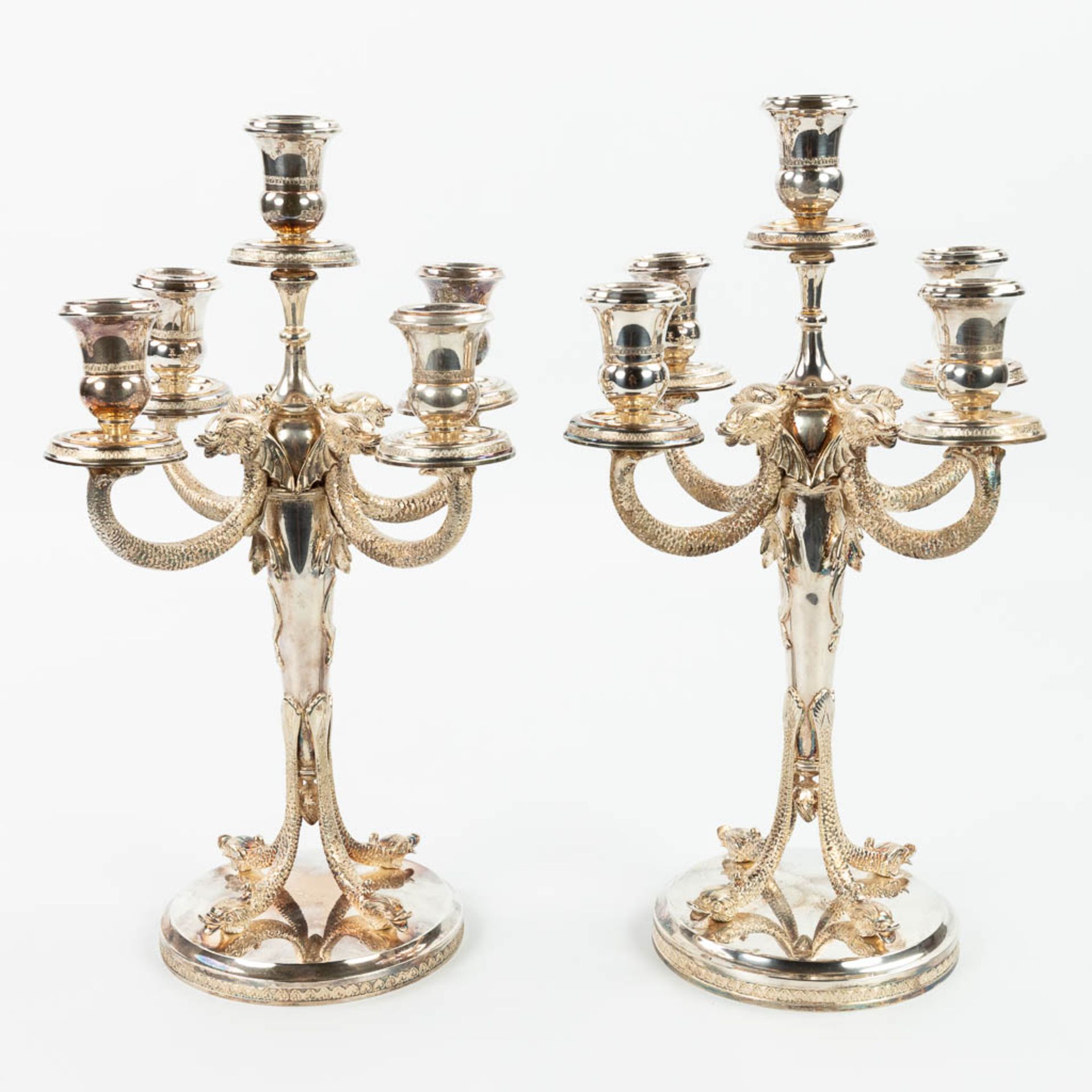 A pair of silver candelabra, decorated with mythological figurines. (H:41cm) - Image 5 of 13