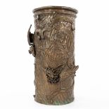 A brush pot made of bronze and decorated with mythological figurines, cranes and bonsai tree. (H:25)