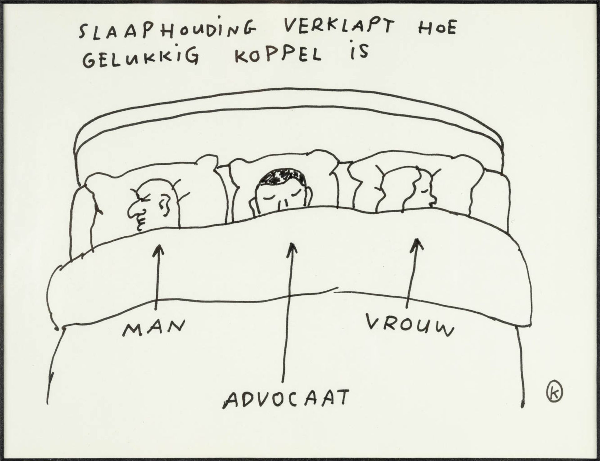 KAMAGURKA (1956) 'Slaaphouding verklapt hoe gelukkig koppel is', a drawing, pen on paper. (21 x 16 c